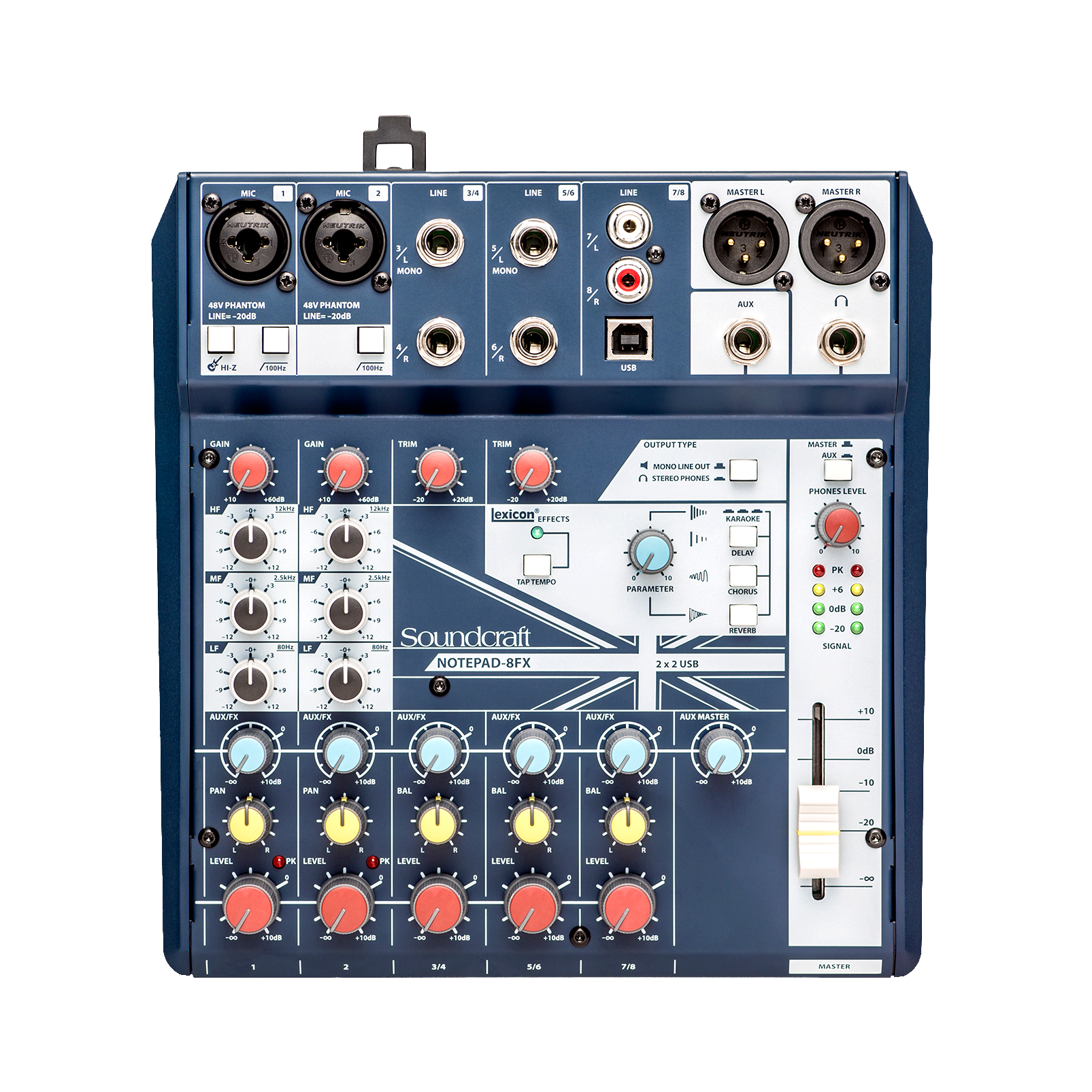 Notepad-8FX - Dark Blue - Small-format analog mixing console with USB I/O and Lexicon effects - Front